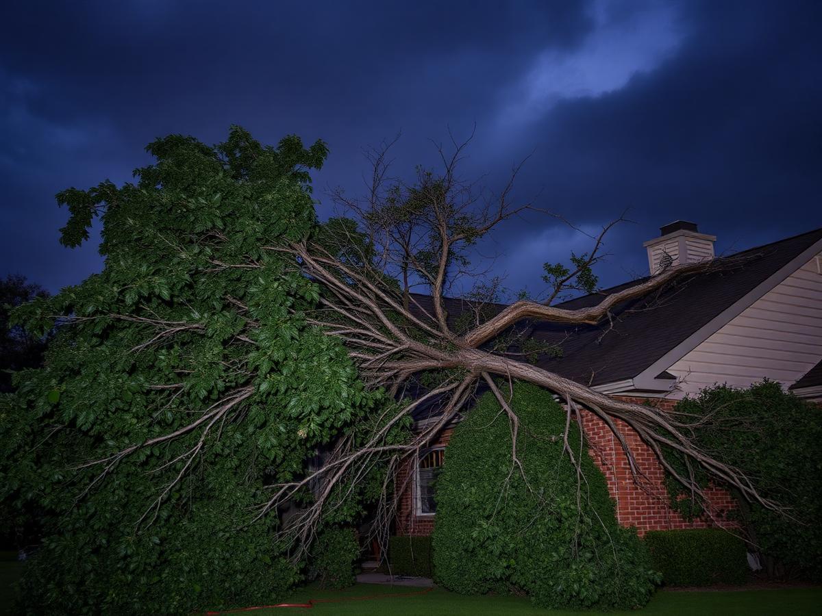 Storm-damaged tree fallen onto a house roof